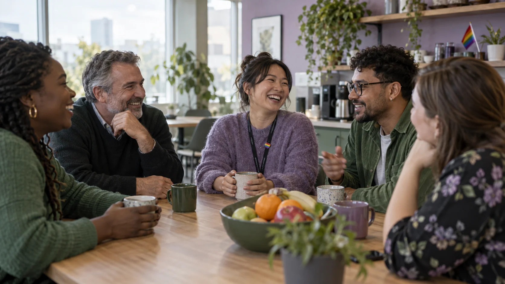 Coworkers of different backgrounds talking around a table in an office break room